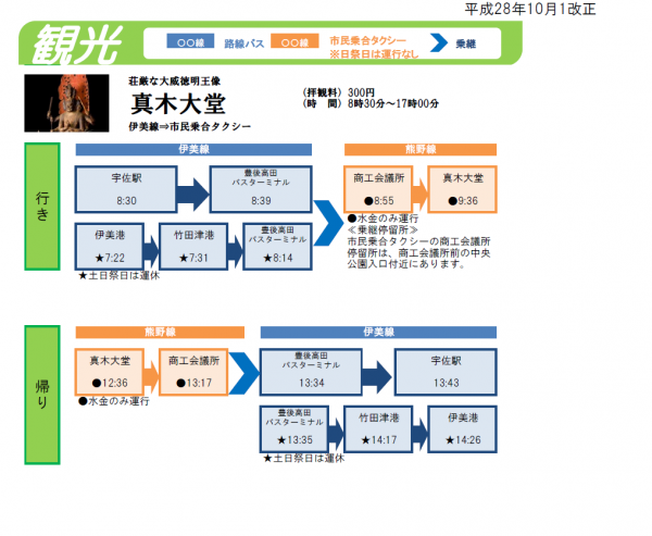 乗継ぎ時刻表（路線バス＋乗合タクシー）：　真木大堂の画像