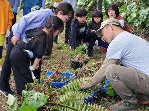 講師の木村さんに植物の植え方を教わる参加者