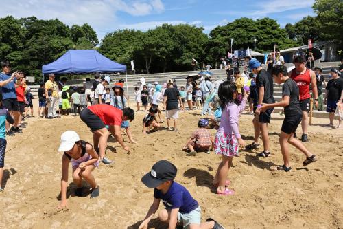 海辺の宝探しを楽しんでいる子どもたちの写真