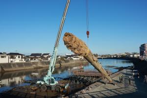 クレーンで川に移動しているおおたいまつの写真