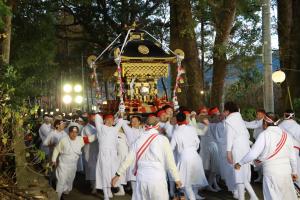 お神輿を担いだ陸組が若宮八幡神社を出発する写真
