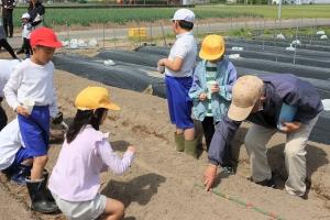 種の植え方を教わる児童