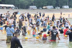 魚を網で捕まえている子どもたちの写真
