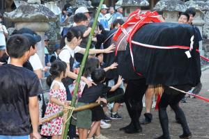張り子の牛をさわる観客
