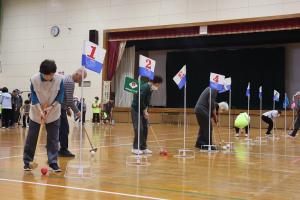 玉入れ用の玉でゴルフを楽しむ様子