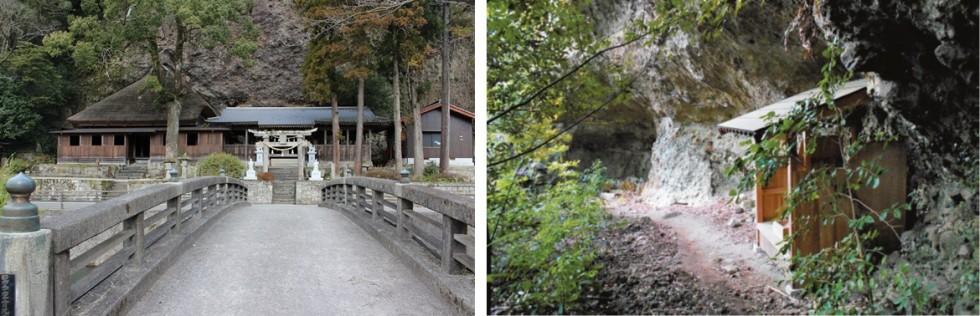 並び立つ天念寺講堂・身濯神社（左）、重文・木造阿弥陀如来立像のあった小両子岩屋（右）の画像