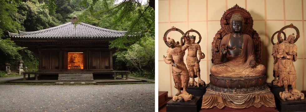 国宝・富貴寺大堂（左）、​真木大堂・木造阿弥陀如来坐像及び木造四天王（右）の画像