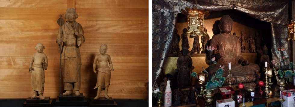 不動明王の化身とされる木造太郎天立像（左）、無動寺・木造薬師如来坐像及び十二神将（右）の画像