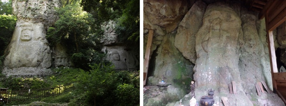 熊野磨崖仏（右大日如来像　左不動明王像）（左）、鍋山磨崖仏（不動明王立像）（右）の画像