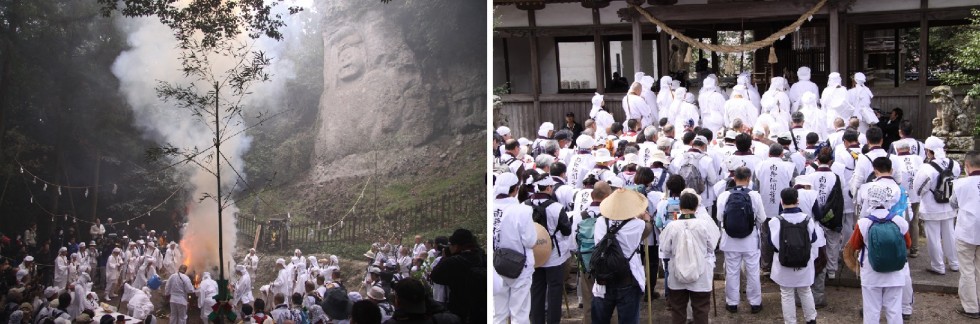 熊野磨崖仏での開白護摩行（左）、神仏習合の峯入りでは神社にも詣でる（右）の画像