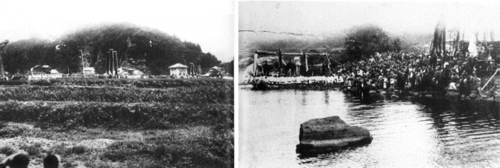 川勧請の行列（左）、昭和4年の川勧請（鎧淵）（右）の画像