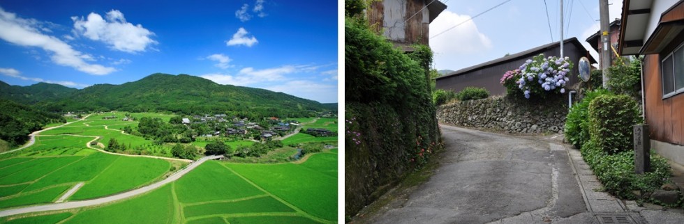 田染荘小崎の田園風景（左）、台薗集落の景観（右）の画像