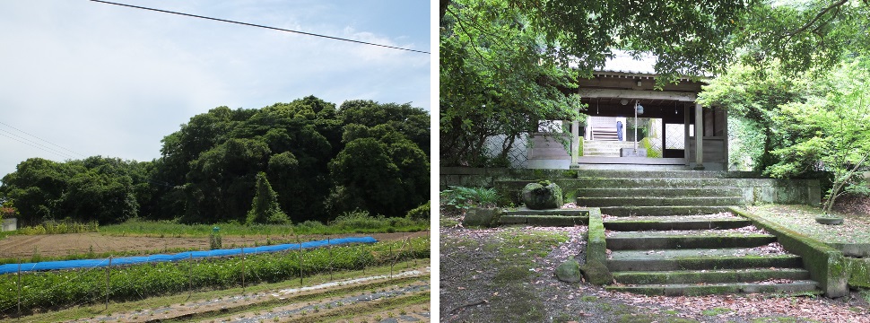 側面から前方後円墳の姿を確認できる（左）、古墳内に造られた致斎神社（右）​の画像