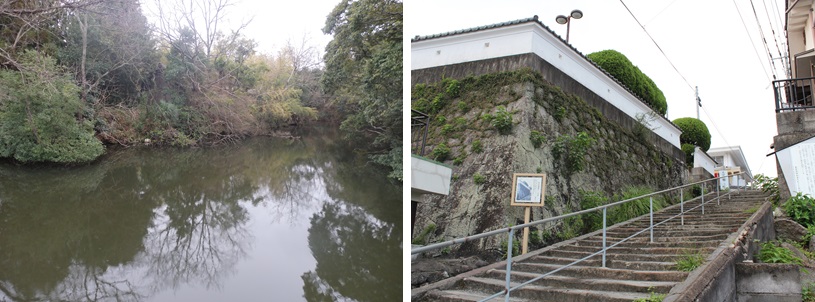 高田城跡の水堀（左）、高田城跡の石垣（右）​の画像