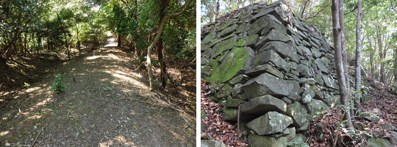 屋山城跡の竪堀（左）、​佐野鞍懸城跡の石垣（右）の画像