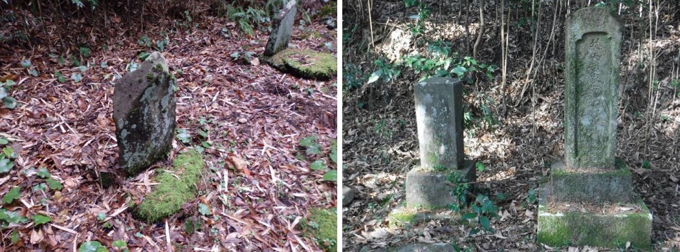 自然石墓碑（左）、「大越家」を刻む墓碑（右）の画像