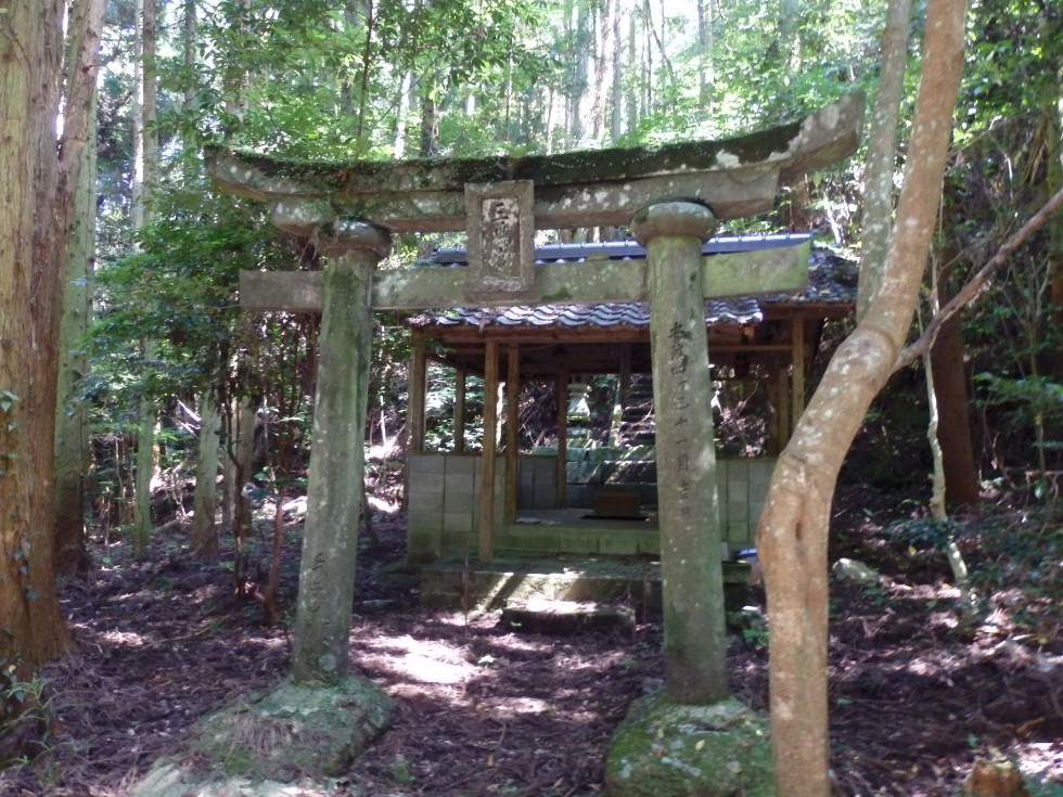 三嶋社の位置（左）、三嶋社鳥居及び拝殿（右）の画像