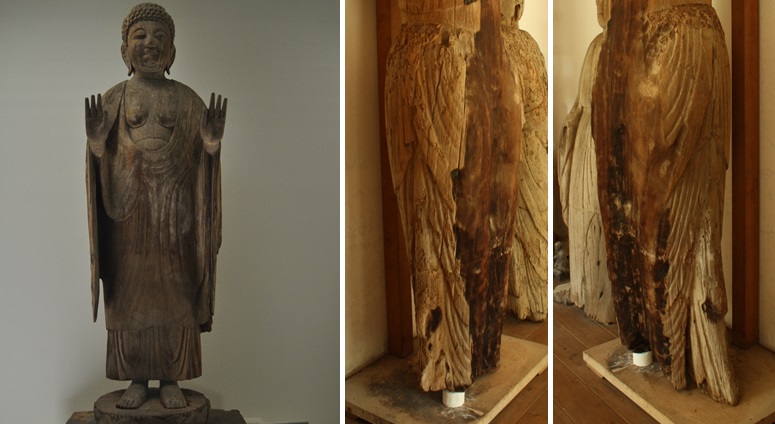 Y字形衣文の例（鬼会の里・木造阿弥陀如来立像）（左）、翻波式衣文の例（内野・木造聖観音立像）（右）の画像