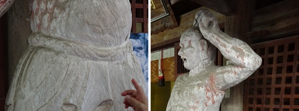 裳の折り返し部分（左）、左腕は一材で彫られる（右）の画像