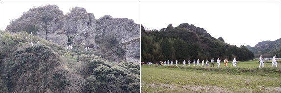 夕日岩屋周辺に登る行者たち（左）、畦をゆく行者たち（右）の画像