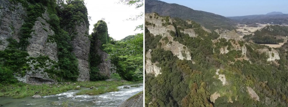 ​鍋山（井上円了により南屏峡と命名）（左）、喜久山（馬城山の更に裏手の岩山）（右）の画像