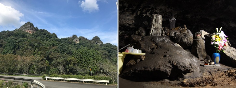 ウトノアナ及びゼゼノサマと呼ばれる岩山（左）、穴井戸観音の洞穴（右）の画像